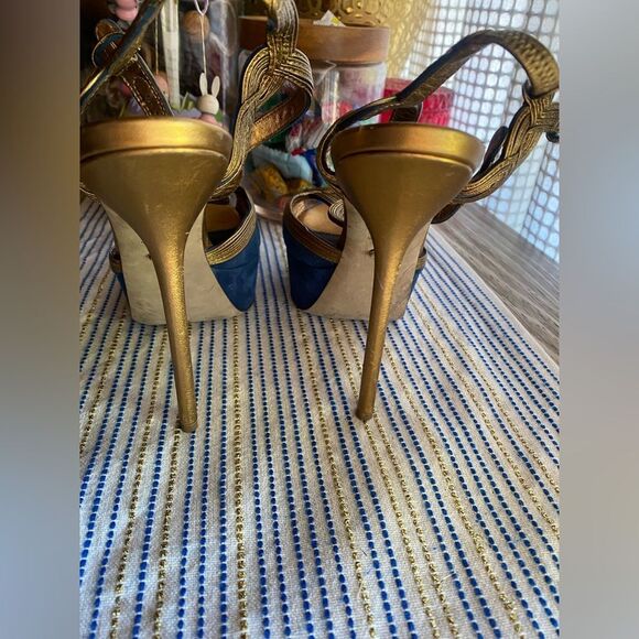 SERGIO ROSSI Bronze and Blue Metallic Platform Sandal Heels Size 39 - Picture 6 of 14